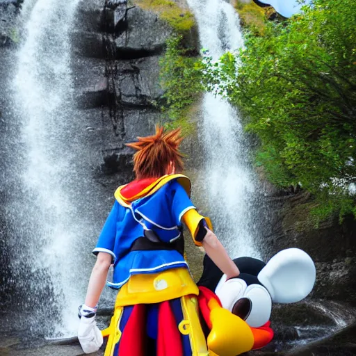 Prompt: kingdom hearts sora cosplay near waterfall low angle 85mm