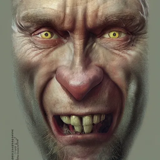 Prompt: vladimir putin, putin is bald caveman, vladimir putin awe face, toothless horror macabre face, clown nose, by donato giancola and greg rutkowski and wayne barlow and zdzisław beksinski, realistic face, digital art