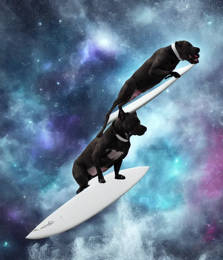 Image similar to photo of a dark gray coat pit bull with a white paws and a white nose!, surfing on a surfboard in a crashing wave of alien galaxy, trending on art station, ocean in space, background is an alien galaxy, aliens in the background, alien colors, octane render, unreal engine, wide view, 8 k, highly detailed