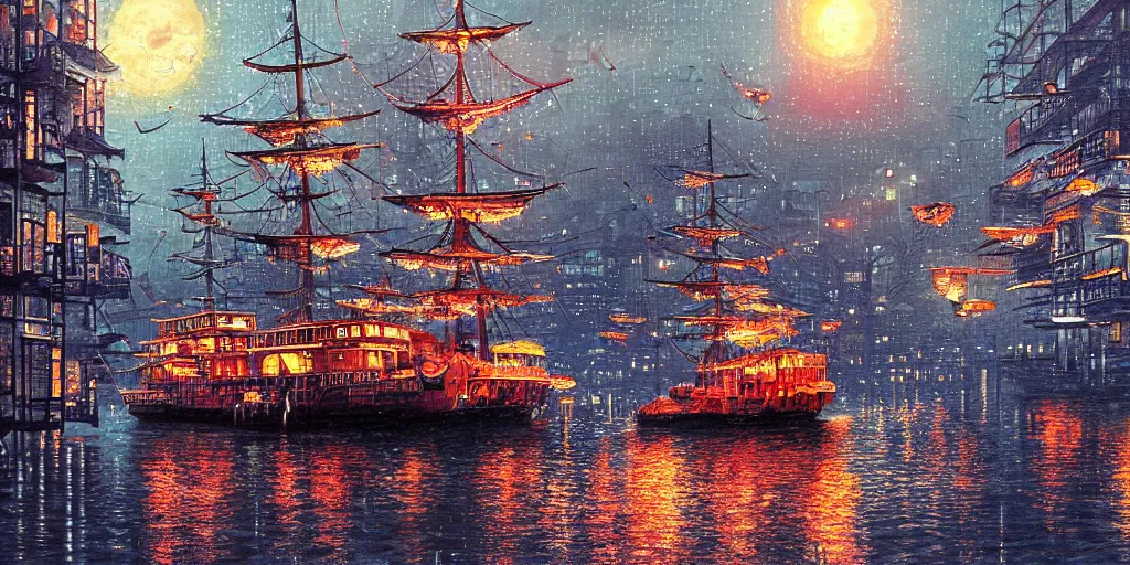 Image similar to cruiser sailing on flooded miniature kowloon city at night, raining, art by yoshitaka amano, and artgerm, pixel art