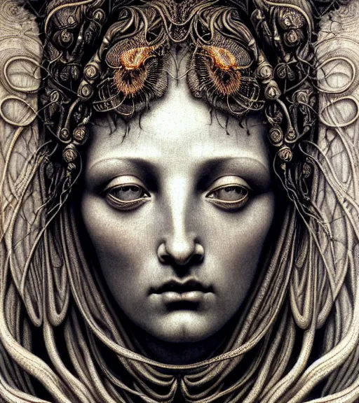 Image similar to detailed realistic beautiful beetle goddess face portrait by jean delville, gustave dore, iris van herpen and marco mazzoni, art forms of nature by ernst haeckel, art nouveau, symbolist, visionary, gothic, neo - gothic, pre - raphaelite, fractal lace, intricate alien botanicals, ai biodiversity, surreality, hyperdetailed ultrasharp octane render