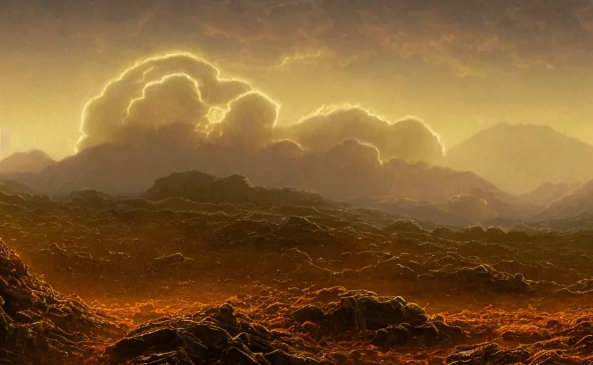 Prompt: nuclear wasteland in a field, close up shot, rocky, at dusk, distant mountains, 4k, rule of thirds, extreme detail, hazy, intricate ink illustration, surreal, surrealist, trending on artstation, cgsociety, hd, calm, complimentary colours, realistic lighting, by Albert Bierstadt, Frederic Edwin Church.