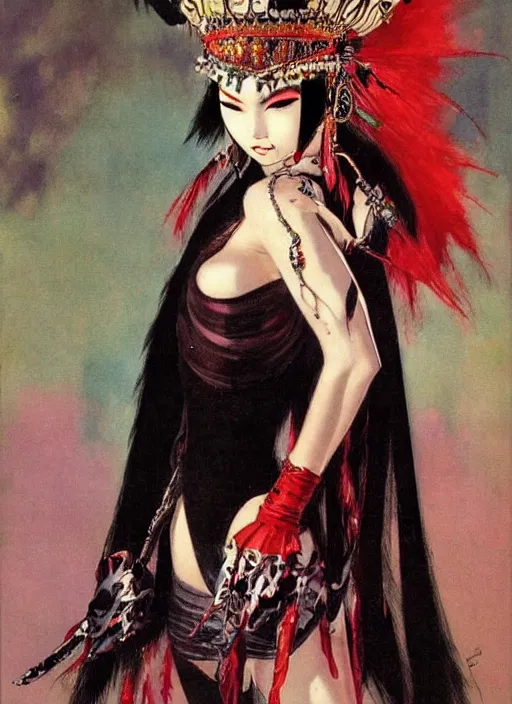 Image similar to female korean vampiress, jeweled headdress, heavy mascara, strong line, saturated color, beautiful! coherent! by frank frazetta, high contrast, minimalism