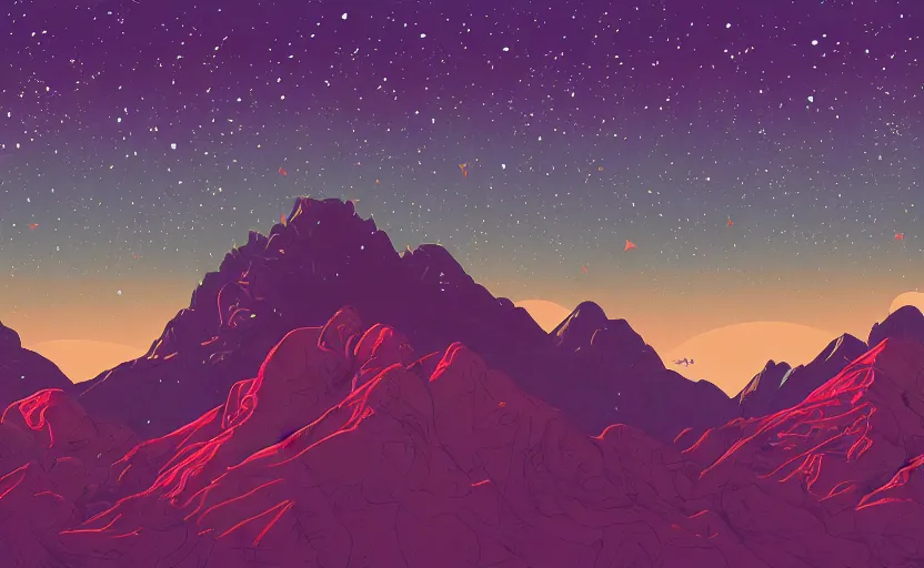 Prompt: mountains, stars and paisley filled sky, artstation, intricate, highly detailed, digital painting, concept art, sharp focus, illustration by tom whalen and charles williams and kilian eng