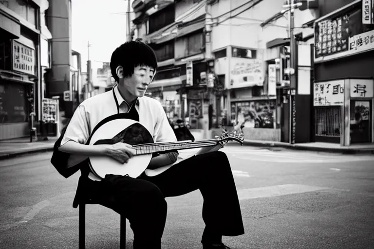 Image similar to still photo of a japanese man playing jazz on the street, black and white color aesthetic, highly detailed, photorealistic portrait, bright studio setting, studio lighting, crisp quality and light reflections, unreal engine 5 quality render