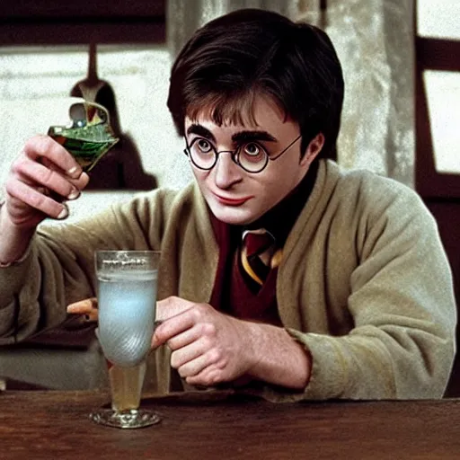 Image similar to Harry Potter drinking a pastis