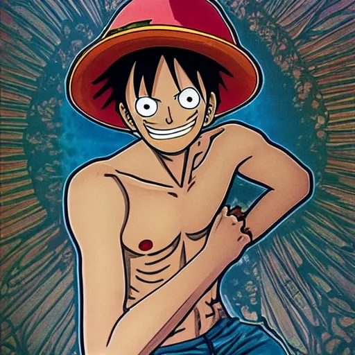 Image similar to monkey d. luffy in the style of alphonse mucha