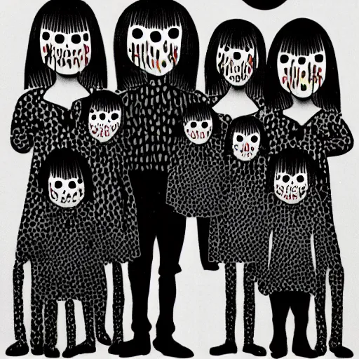 Prompt: a creepy family, by yayoi kusama and richard corben
