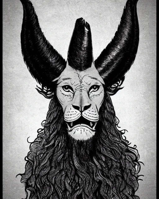 Image similar to a creature with the eyes of a man, beak of an eagle, no nose, the mane of a lion, two horns on the head. drawn by da vinci