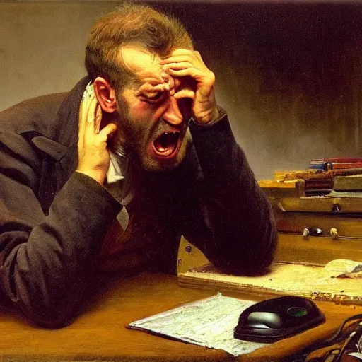 Image similar to an angry man yells at his computer monitor, oil on canvas, 1 8 8 3, highly detailed