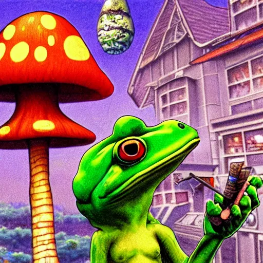 Image similar to A close up portrait of a dignified psychedelic godlike anthropomorphic frog smoking an anime blunt , magic mushroom village in background . award winning. superb resolution. in the art style of junji Ito and greg rutkowski . Detailed Mushroom city in background. Hyper realistic anime. Perfect art. Dalle2