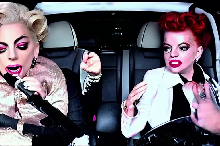 Image similar to carpool karaoke screenshot of lady gaga and judy garland, highly realistic, highly detailed, high resolution, 8 k 4 k,