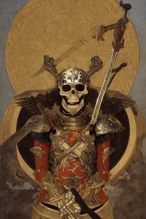 Image similar to portrait of a skeleton with chinese dragon in armor and helmet, majestic, solemn, big sword, wearing helmets and armor with wings, symmetrical, solemn, sacred, aura, by bouguereau