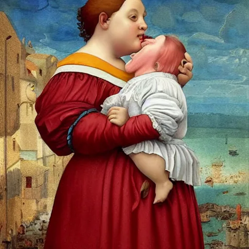 Image similar to a very funny stylize oil painting in renaissance style of a sweet little fat girl kissing a huge colorful cute fish. red mouth, blue eyes. flowery dress. hyper realistic scene. 3 d, octane render, deep focus, white scene. very funny and sweet image. unreal engine. watercolor. fellini style. poster quality. da vinci painting style. pencil illustration.