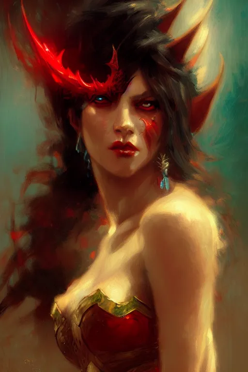 Image similar to portrait of an attractive demon queen with red eyes painting by gaston bussiere, craig mullins, luis rollo, digital painting, highly detailed, artstation, sharp focus, illustration, concept art, high quality