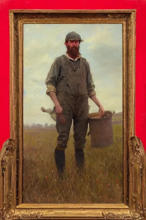 Image similar to Solomon Joseph Solomon and Richard Schmid and Jeremy Lipking victorian genre painting full length portrait painting of a young farmer working in the field, red background