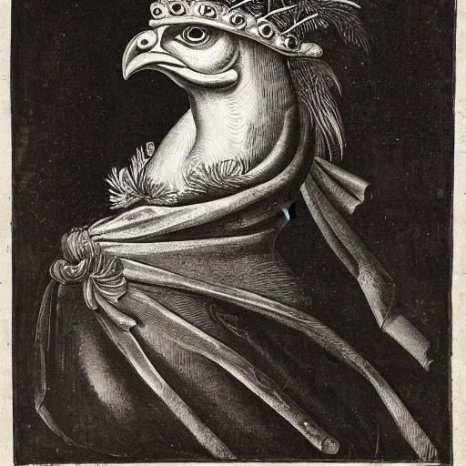 Image similar to a renaissance style portrait of a rooster (Gallus domesticus) wearing a crown and a cape, dark background