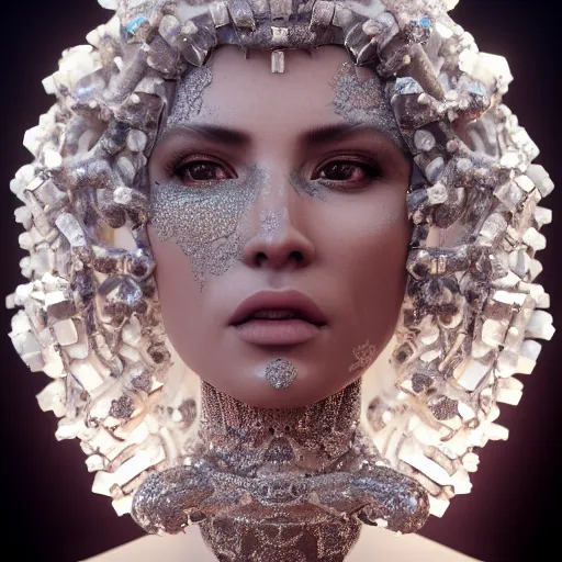 Image similar to full body detailed, ethereal, biomechanical, covered in diamonds and other gems glowing, highly detailed face, elegant posed, intricate, extremy detailed, beeple, cgsociety, 3 d unreal engine octane render. cinematic lighting, highly detailed 4 k art