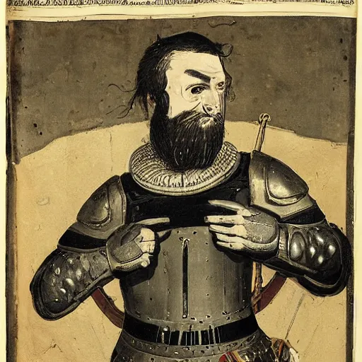 Prompt: Portrait of frustrated and acerbic male medieval sergeant with a short beard wearing a {black and yellow tabard} over a steel breastplate and a black gambeson with his hands planted on a table with a war theater map, by Greg Rutkowski, {perfect face}, {perfect eyes}, {hands planted on war table while standing}, fantasy