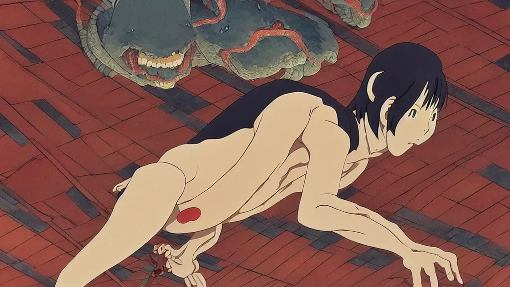 Prompt: a strange creature crawls on the ceiling of a Japanese temple, anime film still from the an anime directed by Katsuhiro Otomo with art direction by Salvador Dalí, wide lens