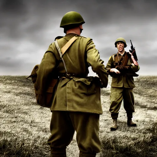 Image similar to world war 2 soldiers, 4 k, high resolution, still, landscape, hd, dslr, hyper realistic