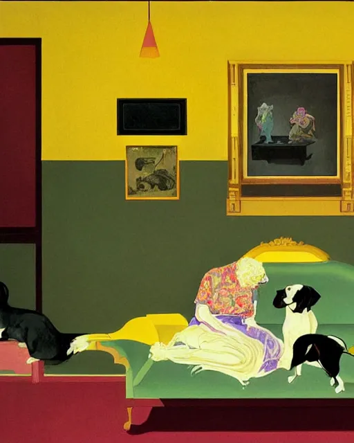 Prompt: old dead couple on couch with a big black dog in a yellow art deco interior room in the style of Francis Bacon and Syd Mead, open ceiling, highly detailed, painted by Francis Bacon and Edward Hopper, couple and dog painted by James Gilleard, surrealism, airbrush, very coherent, triadic color scheme, art by Takato Yamamoto and James Jean