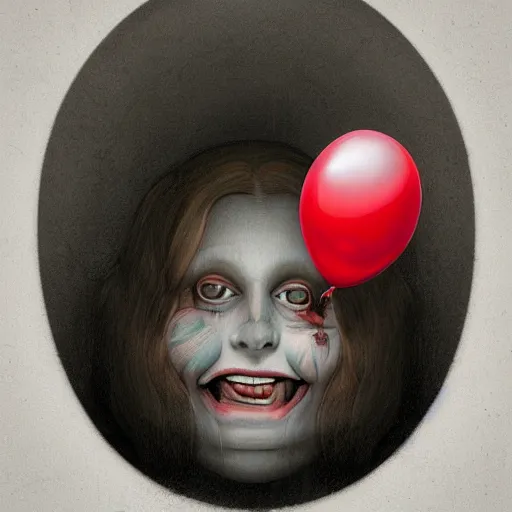 Image similar to surrealism grunge cartoon portrait sketch of a flower inside a balloon with a wide smile and a red balloon by - michael karcz, loony toons style, mona lisa style, horror theme, detailed, elegant, intricate