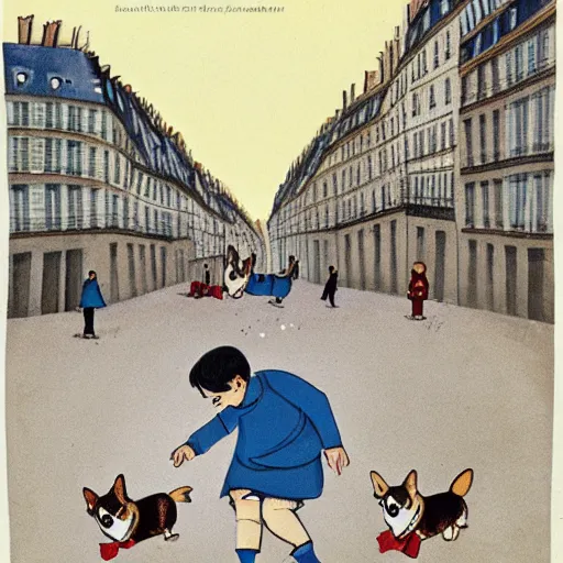 Image similar to book illustration of a french boy on the streets of paris playing football against a corgi, the dog is wearing a polka dot scarf, 1 9 6 6