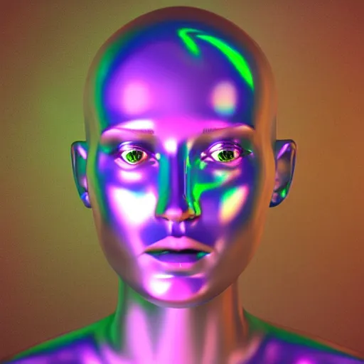 Image similar to 3d render of holographic human robotic head made of glossy iridescent, surrealistic 3d illustration of a human face non-binary, non binary model, 3d model human, cryengine, made of holographic texture, holographic material, holographic rainbow, concept of cyborg and artificial intelligence