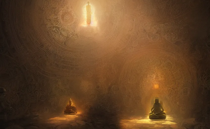 Image similar to The mystical awakening of Buddha, intricate, elegant, volumetric lighting, digital painting, highly detailed, artstation, sharp focus, illustration, concept art, ruan jia, steve mccurry