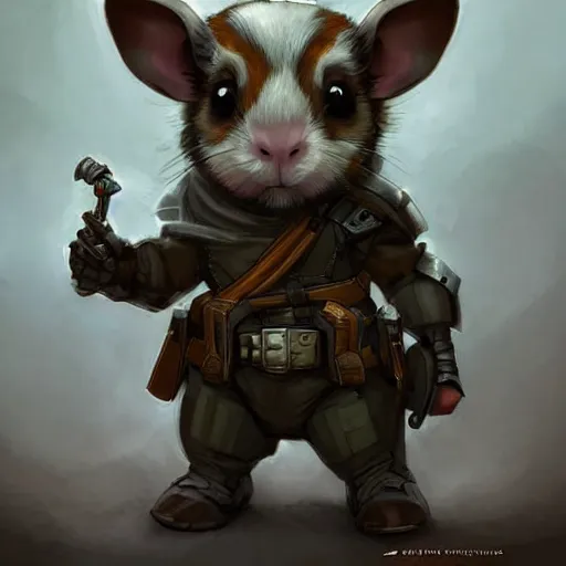 Image similar to cute little anthropomorphic Guinea Pig wearing Metal Gear outfit, ultra wide lens shot , tiny, small, short, cute and adorable, pretty, beautiful, DnD character art portrait, matte fantasy painting, DeviantArt Artstation, by Jason Felix by Steve Argyle by Tyler Jacobson by Peter Mohrbacher, cinematic lighting