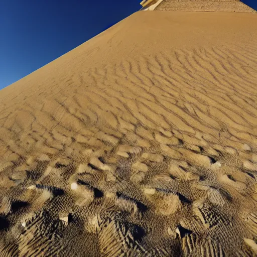 Image similar to a sand dune with a large, pyramidic temple in the middle of it.