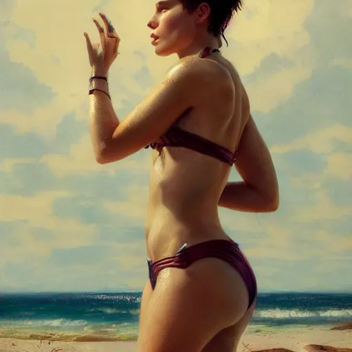 Image similar to halsey in a bikini, 8 k octane beautifully detailed render, post - processing, extremely hyper - detailed, intricate, epic composition, cinematic lighting, masterpiece, trending on artstation, masterpiece, stunning art by anders zorn, wonderful masterpiece by greg rutkowski, beautiful cinematic