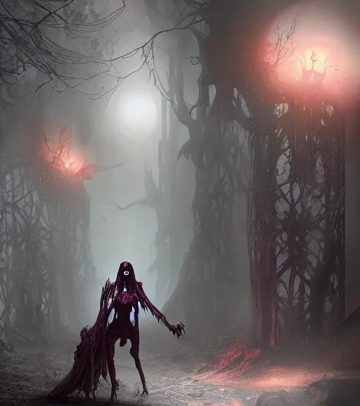 Image similar to gothic necrolord female with zombie servents, digital painting, liminal eerie midnight backlit, a picture taken by Michael Komarck and Daniel Ljunggren