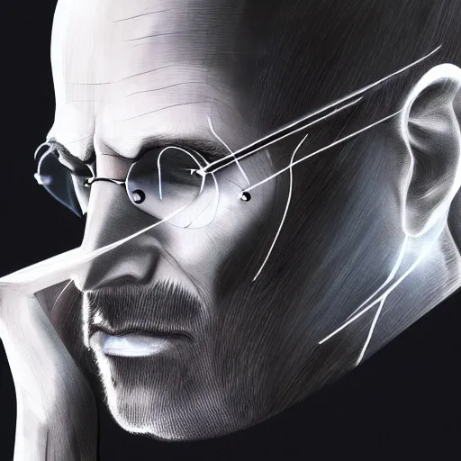 Image similar to concept art of steve jobs head in jar, biological hacking by giger and jama jurabaev, still film, cinematic shot, brush hard, artstation, for aaa game, high quality, brush stroke