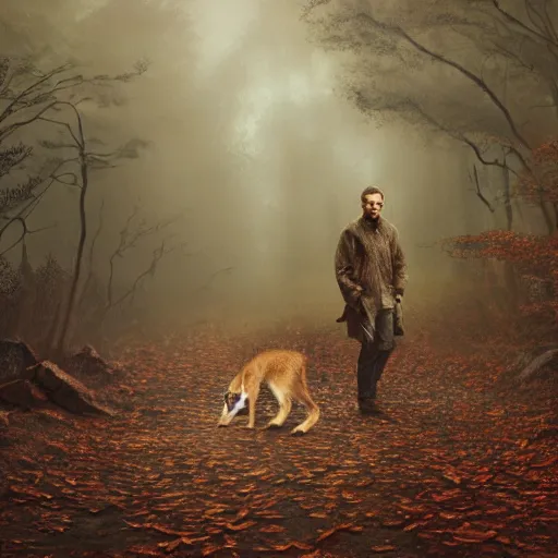 Prompt: Ryan Gosling holding a cute caracal in an autumn forest, by Aron Wiesenfeld and beksincki, cinematic, detailed illustration, nature, fog, dark colors, suspense, intricate, 8k