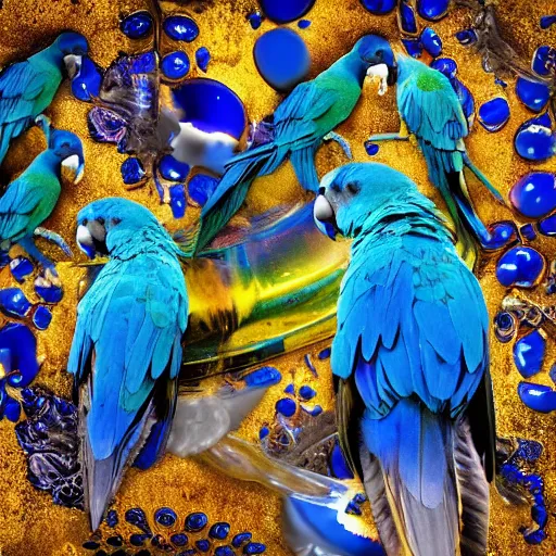 Image similar to blue parrots emerging from fluids mixing, atmospheric liquids, ornate intricate, hyper realistic, 16k, post processing, saturated blue colors, nature background