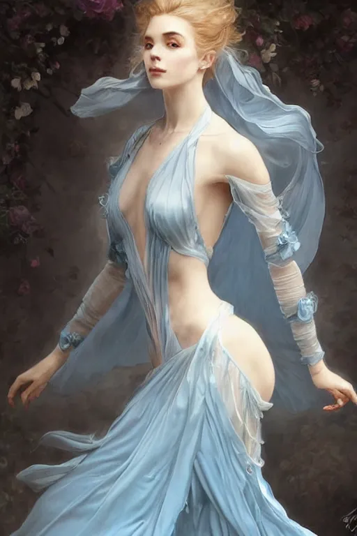 Image similar to beautiful!!! woman dressed in a vaporous wrapped large victorian pale blue roses silk semi-transparent dress fashion is running, fantasy, intricate, elegant, highly detailed, digital painting, trending on artstation, concept art, matte, sharp focus, illustration, art by Artgerm and Greg Rutkowski and Alphonse Mucha, instagram model