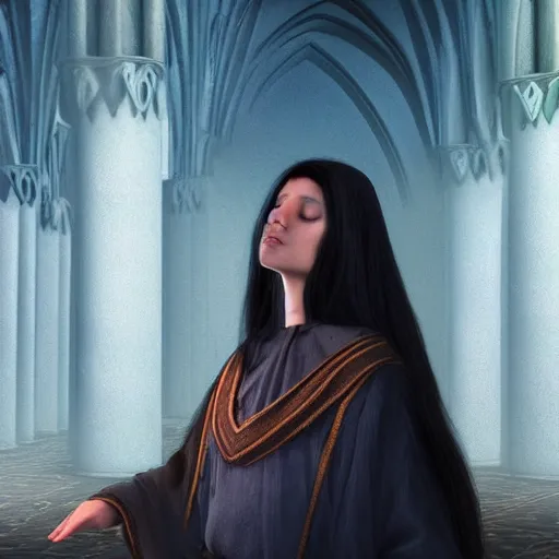 Prompt: a priestess with long black hair, praying for the sun god in a cathedral. Epic fantasy, 8k. Hyperrealistic. Beautiful, gorgeous. Dark.