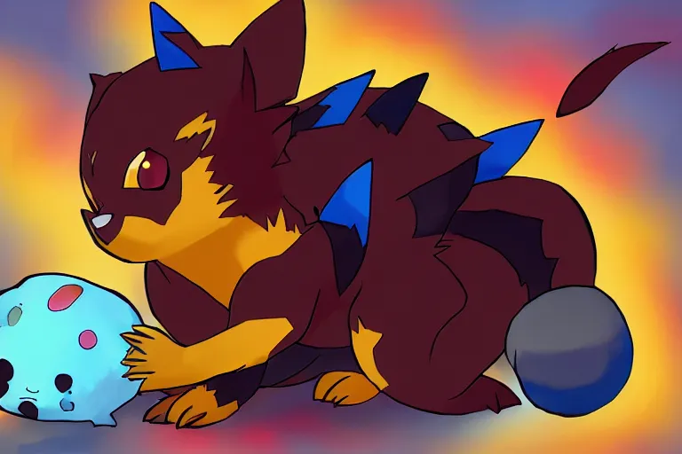 Image similar to zorua the black and maroon colored fox - like pokemon playing with a pikachu, pokemon, super detailed, clean lines, digital art