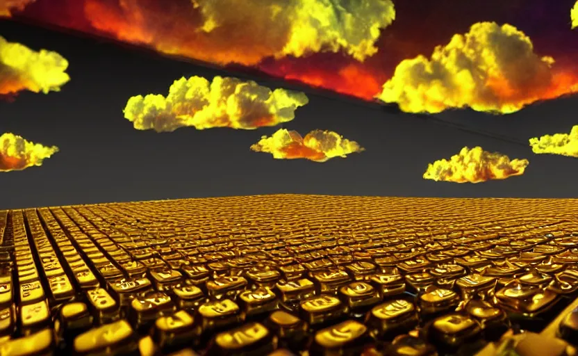 Prompt: golden clouds floating above computer keyboards made of rainbow drops, # vfxfriday, hdr
