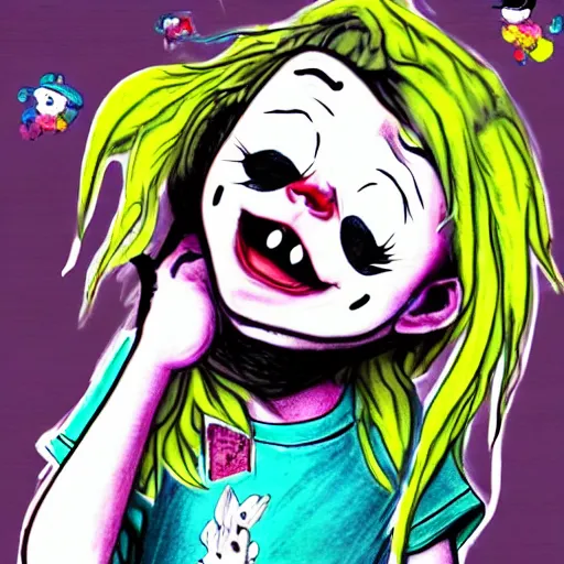 Prompt: grunge drawing of a happy billie eilish in the style of loony toons | horror themed | pennywise style