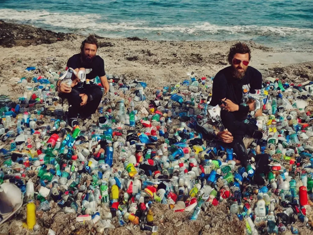 Image similar to jovanotti alone surrounded by plastic bottles and garbage on a beach near the adriatic sea, pollution, polaroid color photo, ultra realistic