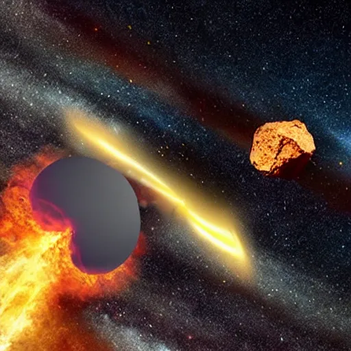 Image similar to fiery asteroid flying through space moving towards earth