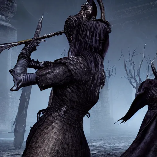 Image similar to Kim Kardashian fighting monsters in the setting of Bloodborne, gothic, detailed,