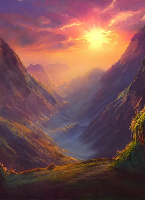 Image similar to a beautiful concept art painting of a sunrise on a peruvian mountain, beautiful lighting, fantasy art