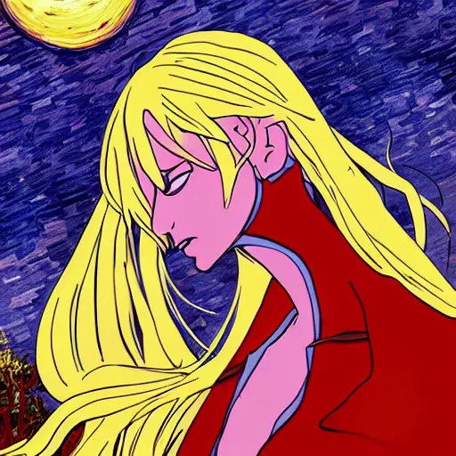 Prompt: the blonde vampire with the title kiss - shot acerola - orion heart - under - blade under a blue moon and red sky, background in the style of van gogh