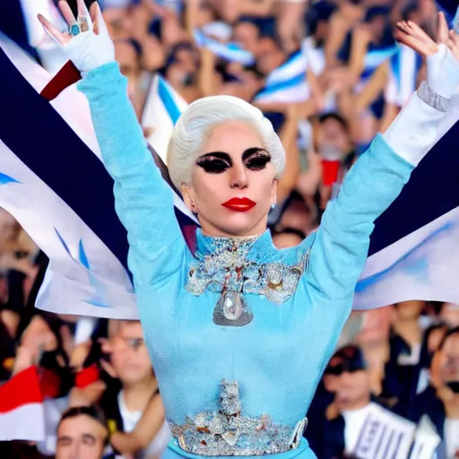 Image similar to Lady Gaga as Evita, Argentina presidential rally, Argentine flags behind, bokeh, epic photo, detailed face, Argentina