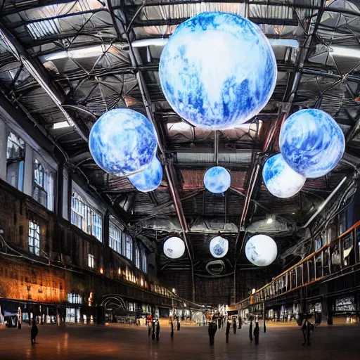 Image similar to high quality professional canon wide - angle lens photo of large scale immersive public art installation inside printworks london venue width lsingle big suspended sphere with space liquid planet visuals projected on it. rich colors, high contrast, gloomy atmosphere, dark background. trending on artstation.