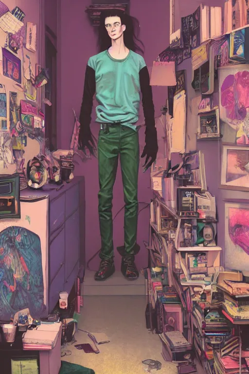 Image similar to a skinny goth guy standing in a cluttered 9 0 s bedroom, full body character concept art, vaporwave colors, andrew ferez art,